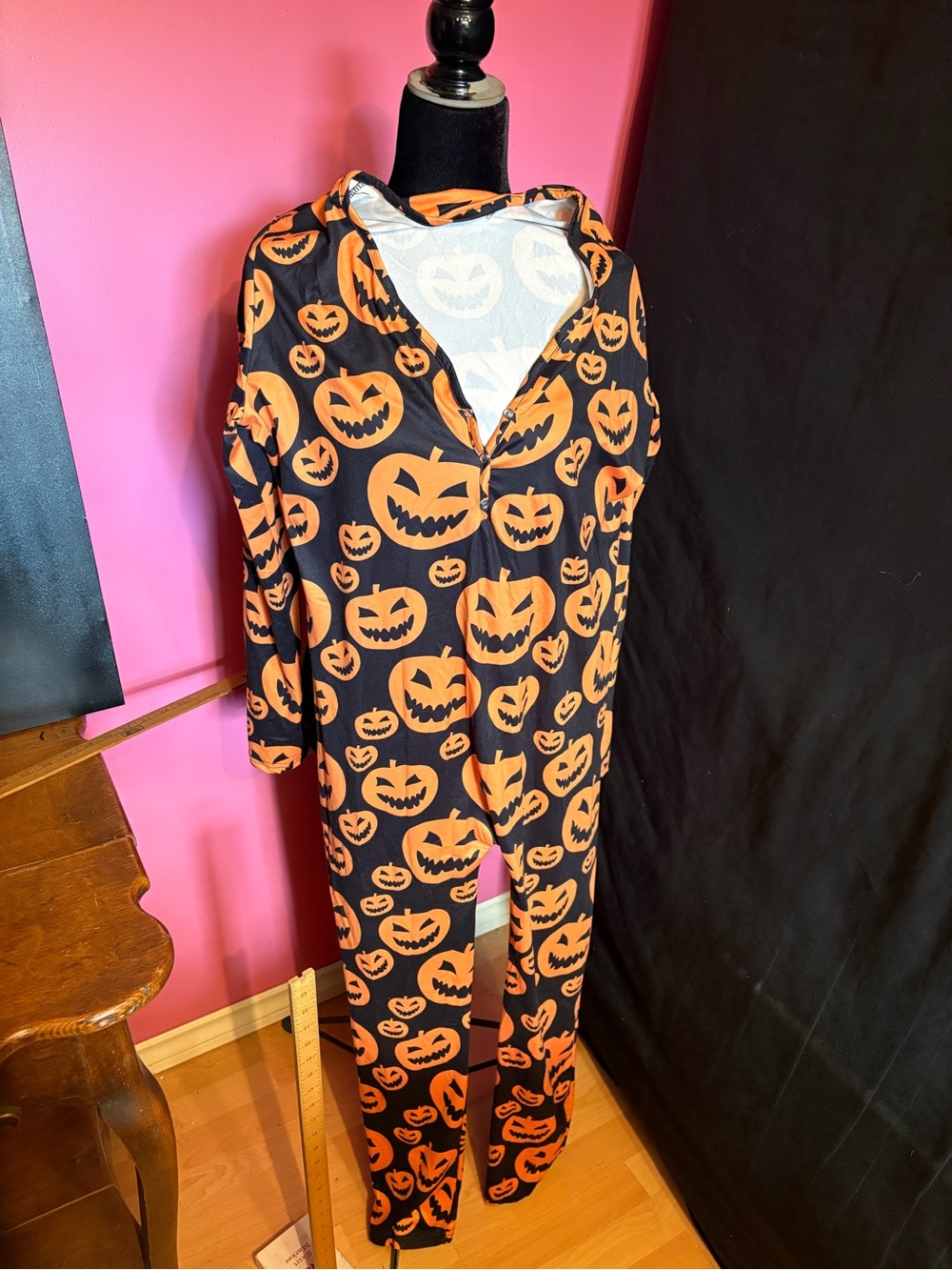 Ladys Pumpkin Jack-O'-Lantern Costume Onesie - Black & Orange
